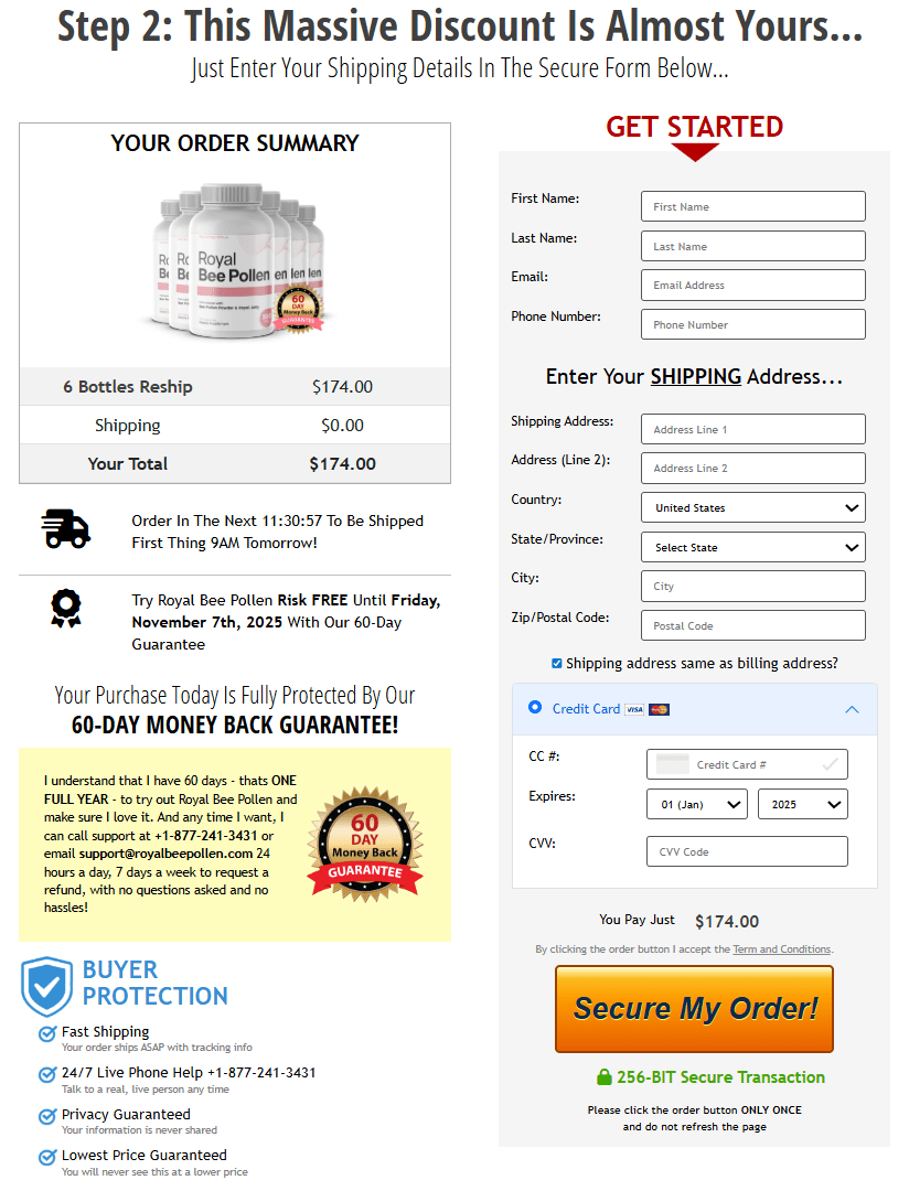 Royal Bee Pollen order page